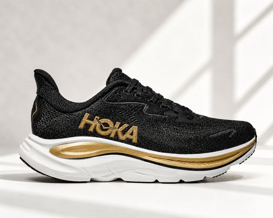 HOKA Clifton 10 - Black | White | Gold — front